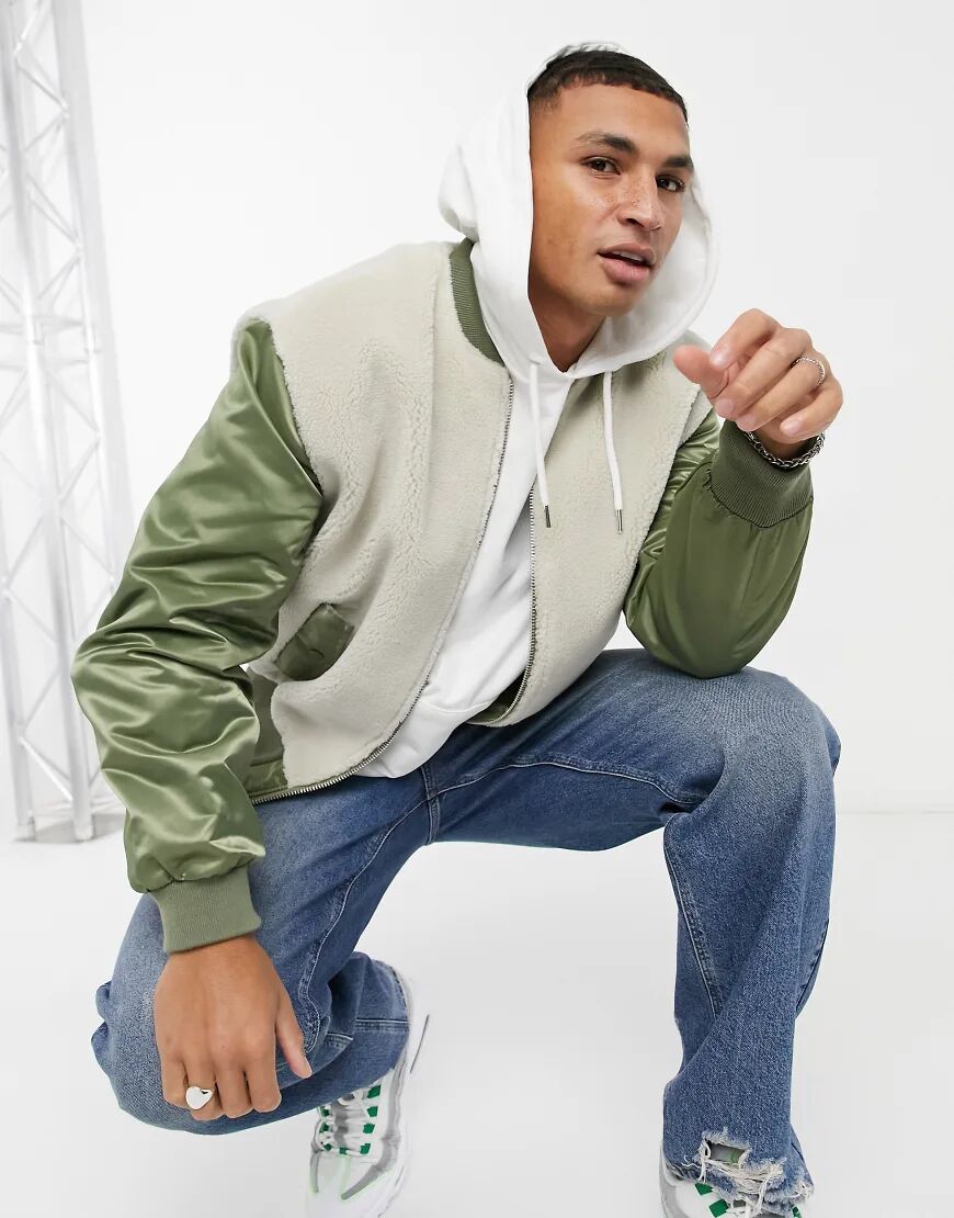 ASOS DESIGN borg bomber jacket in ecru with contrast khaki sleeves-Green  Green