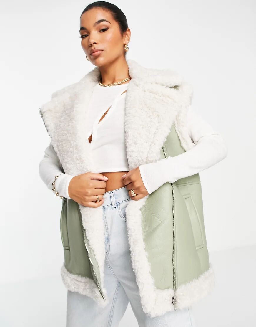 ASOS DESIGN borg bonded shearling gilet in sage-Black  Black