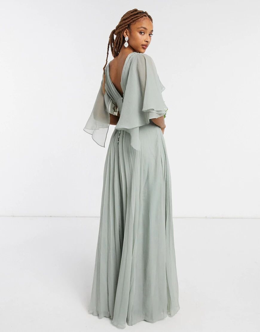 ASOS DESIGN Bridesmaid ruched bodice drape maxi dress with wrap waist and flutter cape sleeve-Green  Green