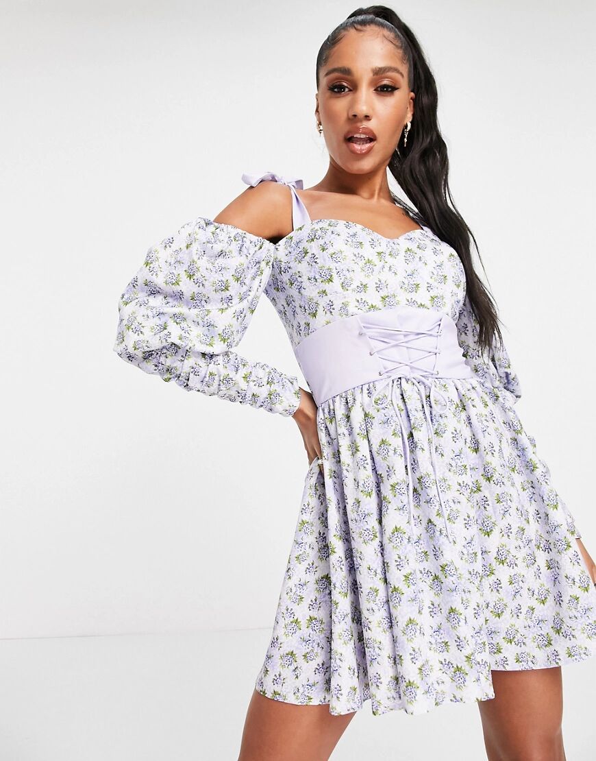 ASOS DESIGN bunny tie corset skater mini dress in floral print-Pink  Pink