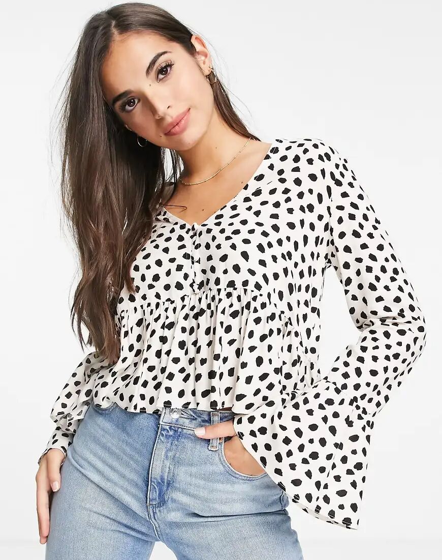 ASOS DESIGN button front smock top in cream and black spot print-Multi  Multi