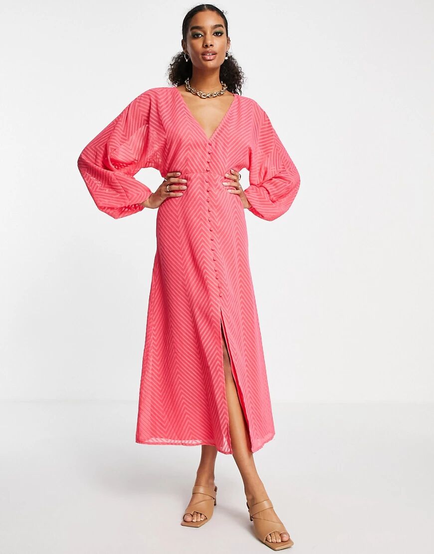 ASOS DESIGN button through batwing sleeve midi dress in chevron dobby in bright pink  Pink