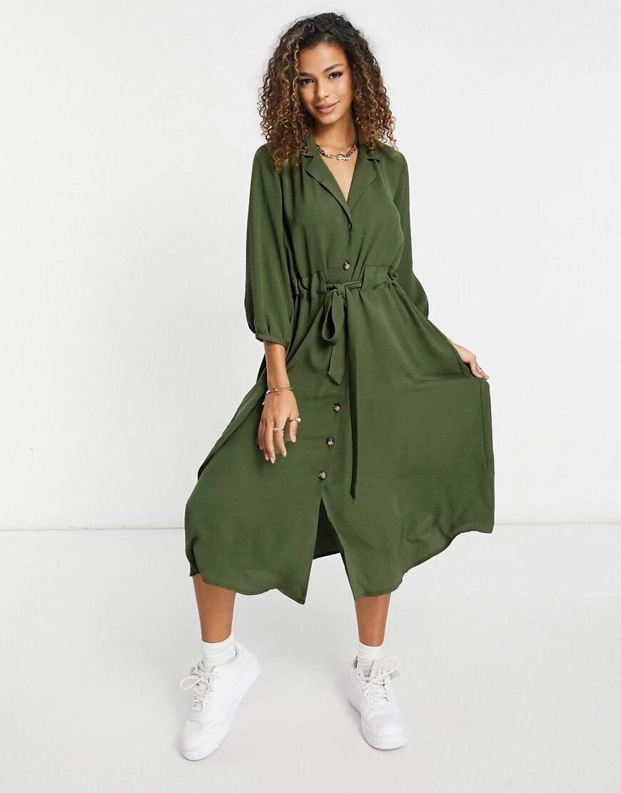 ASOS DESIGN button through midi shirt dress with ruched waist in khaki-Green  Green