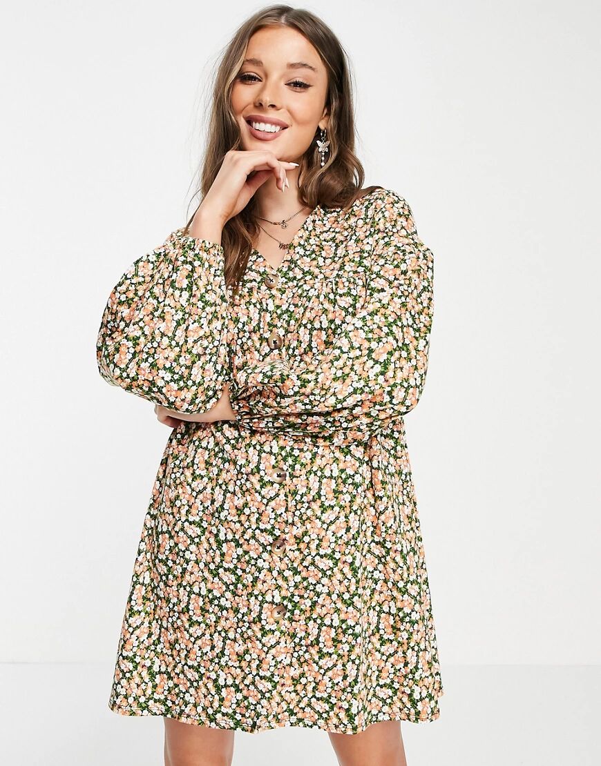 ASOS DESIGN button through mini smock dress with long sleeves in green and pink floral  Green