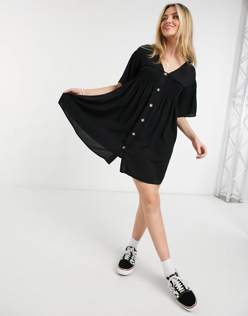 ASOS DESIGN button through mini smock dress with shirring detail in black  Black