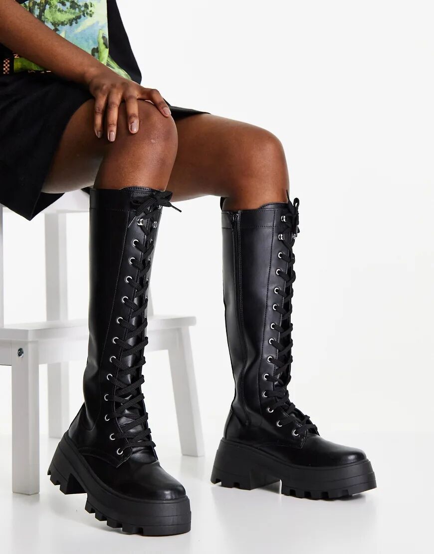 ASOS DESIGN Carter chunky lace up knee boots in black  Black