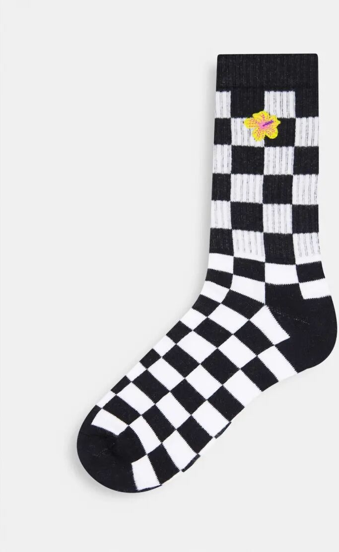 ASOS DESIGN checkerboard sports sock with floral embroidery-Multi  Multi