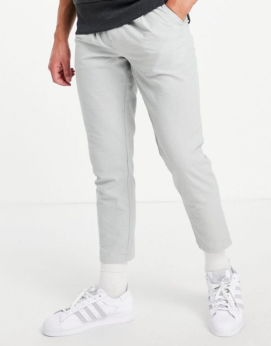 ASOS DESIGN cigarette chinos with pleats in light grey seersucker  Grey