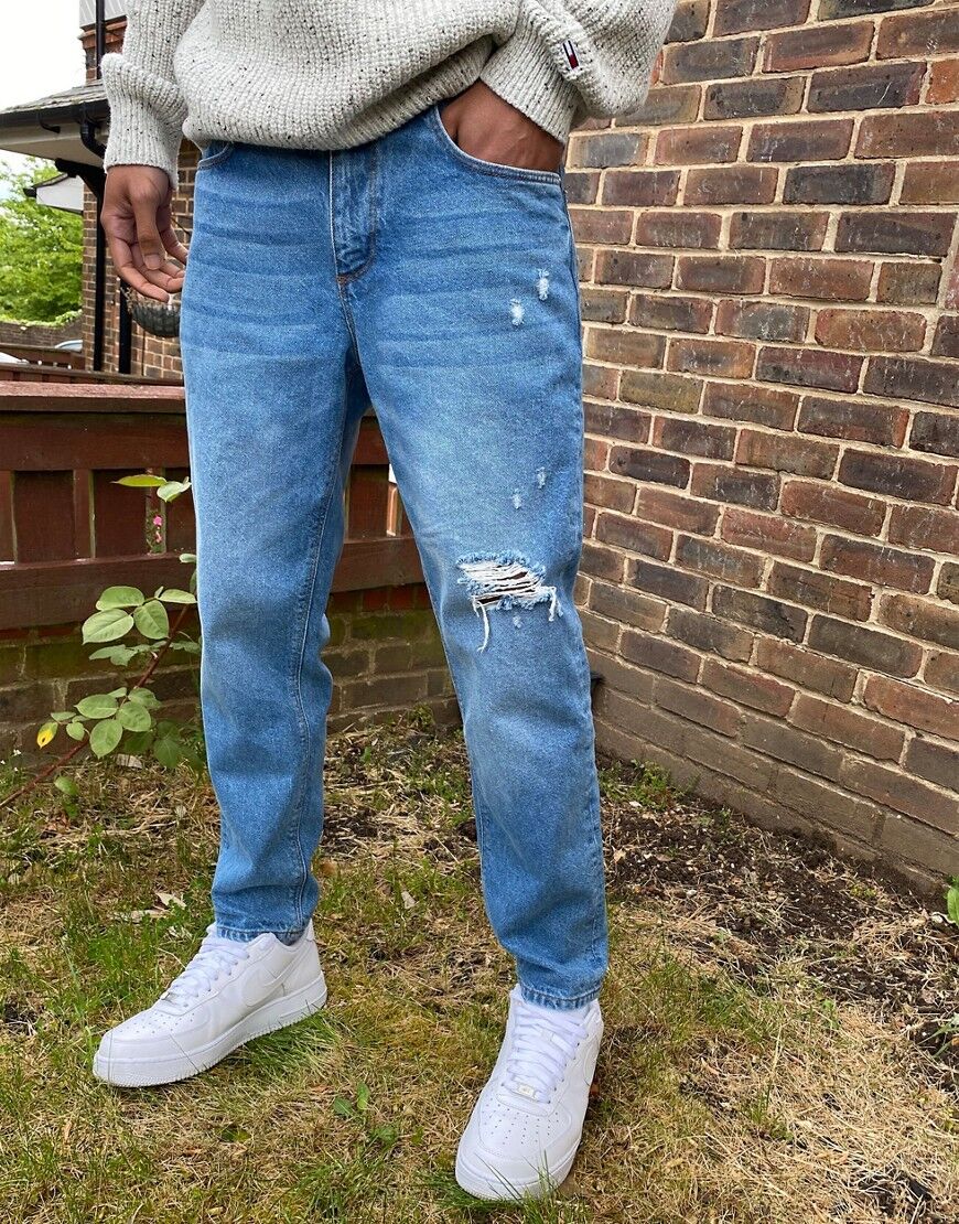 ASOS DESIGN classic rigid jeans in mid wash blue with rips  Blue