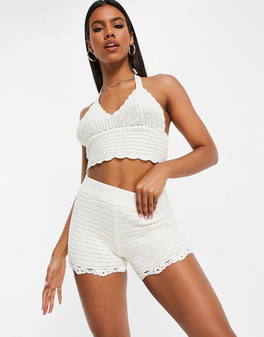 ASOS DESIGN co-ord crochet shorts in cream-White  White
