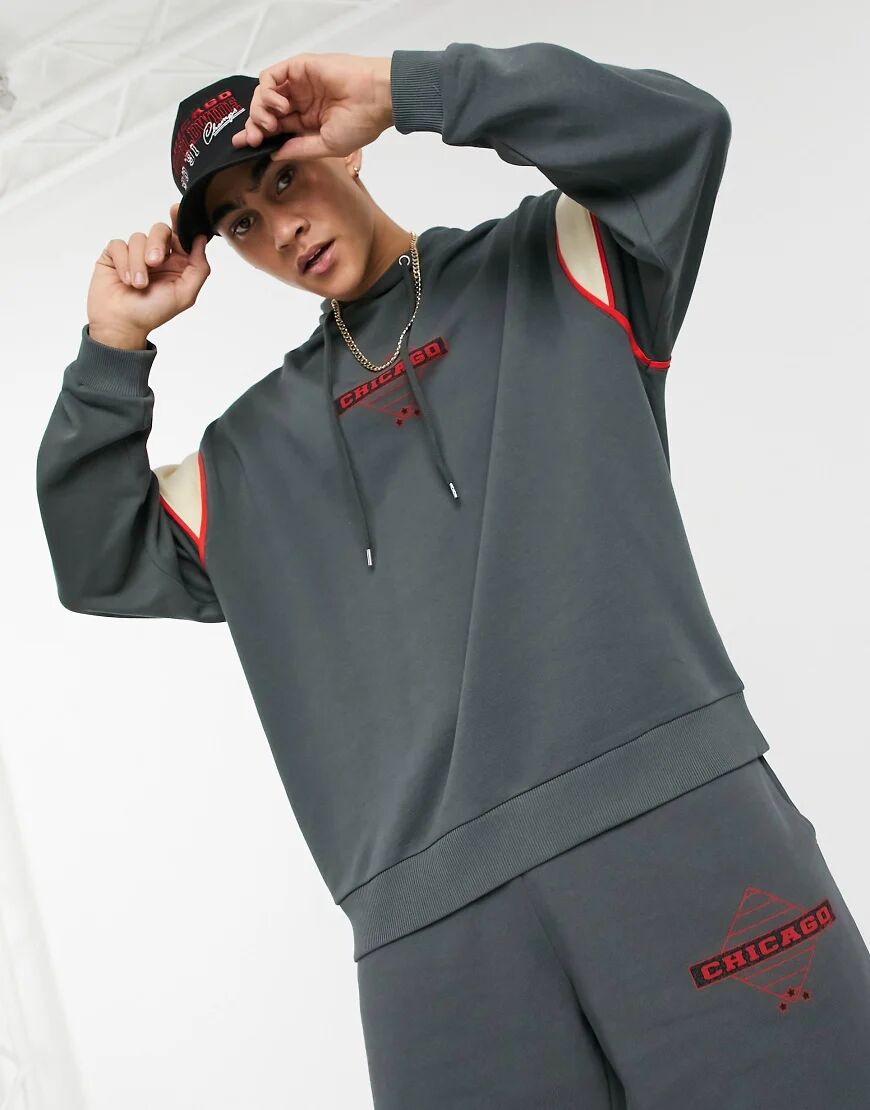 ASOS DESIGN co-ord oversized hoodie with Chicago retro print-Grey  Grey