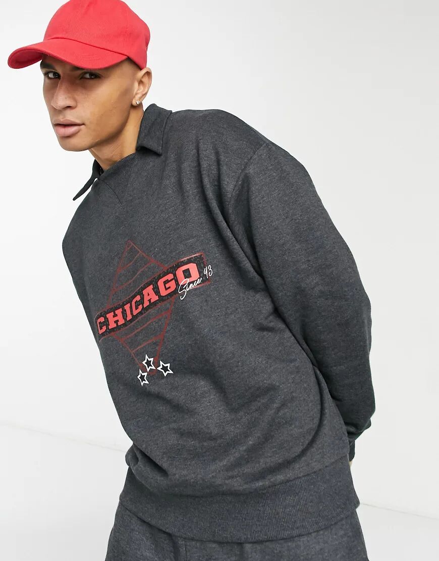 ASOS DESIGN co-ord oversized polo sweatshirt in dark grey marl with vintage Chicago print  Grey