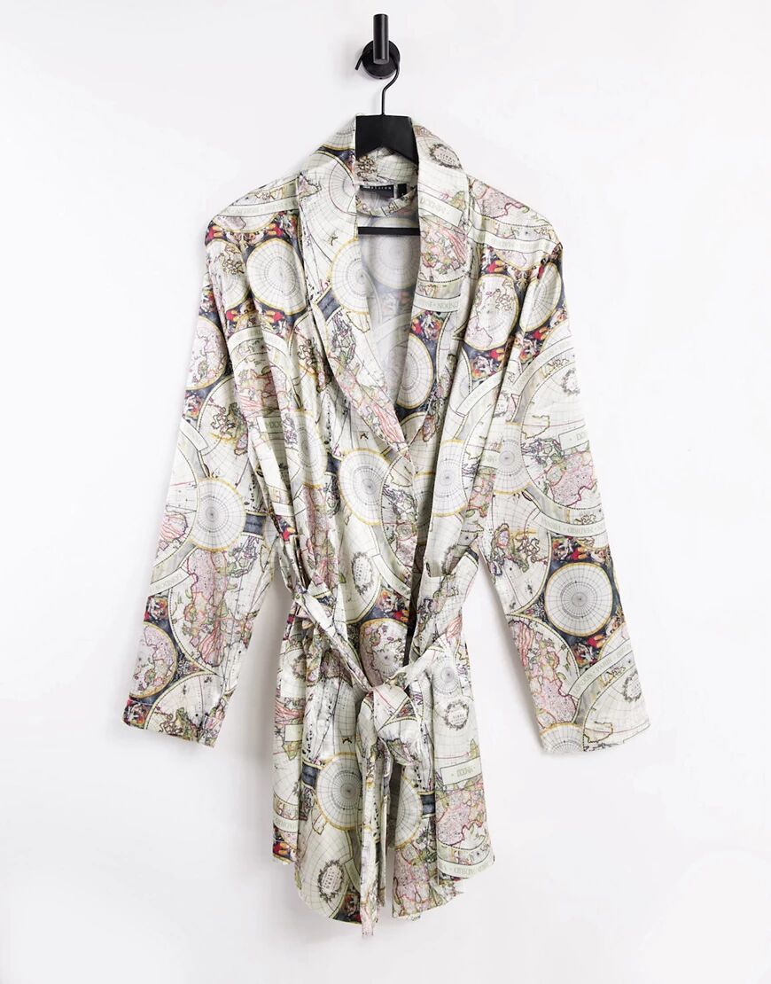 ASOS DESIGN co-ord satin dressing gown with map print-Multi  Multi