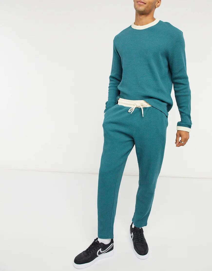 ASOS DESIGN co-ord tapered joggers in deep green waffle with contrast waistband  Green