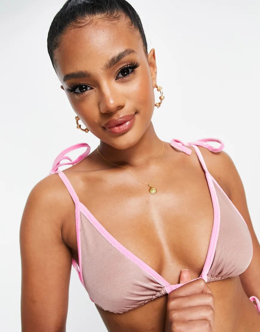 ASOS DESIGN contrast tie shoulder bikini top with velvet contrast bind in mink and pink-Neutral  Neutral