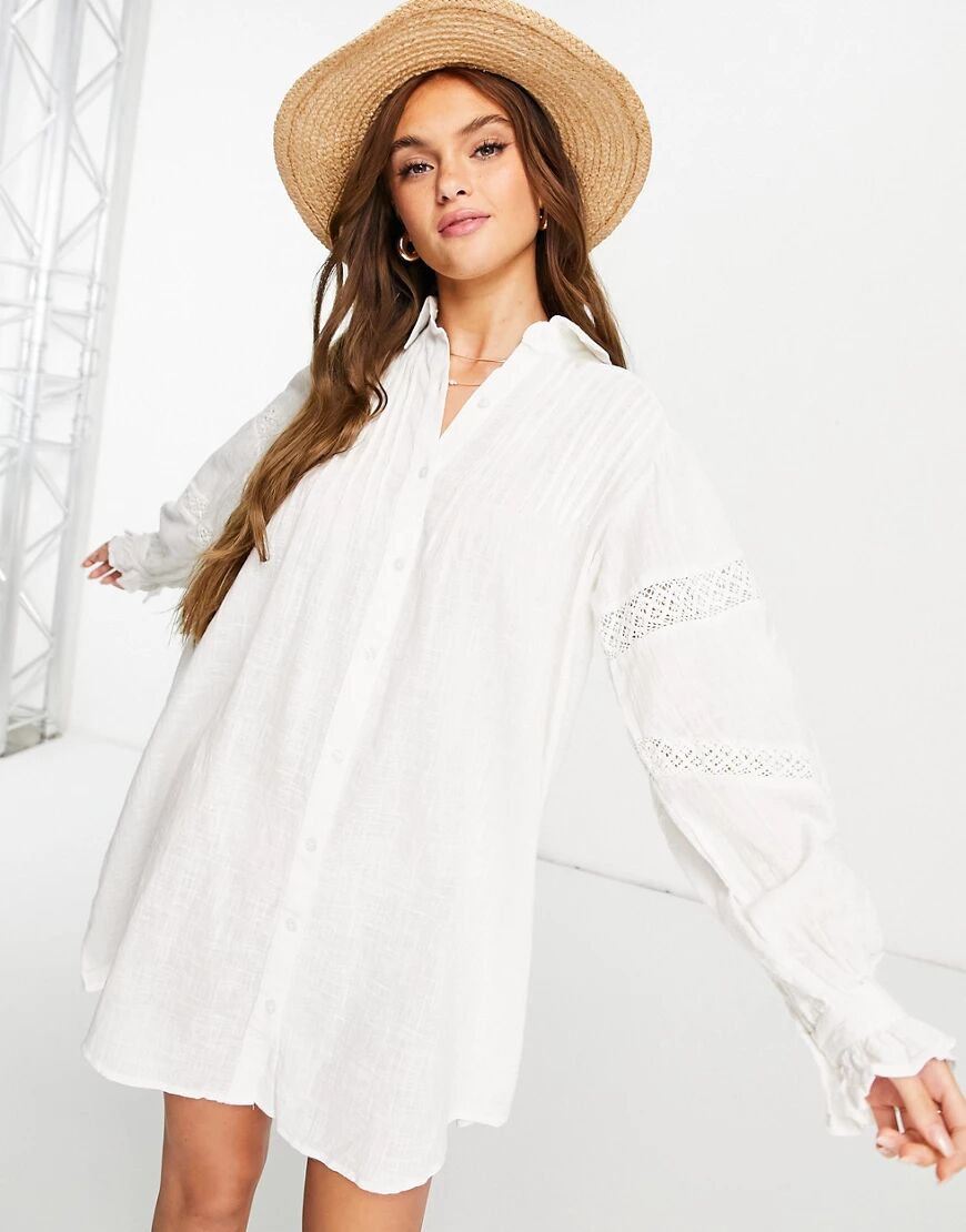 ASOS DESIGN cotton lace insert mini shirt dress in white  White