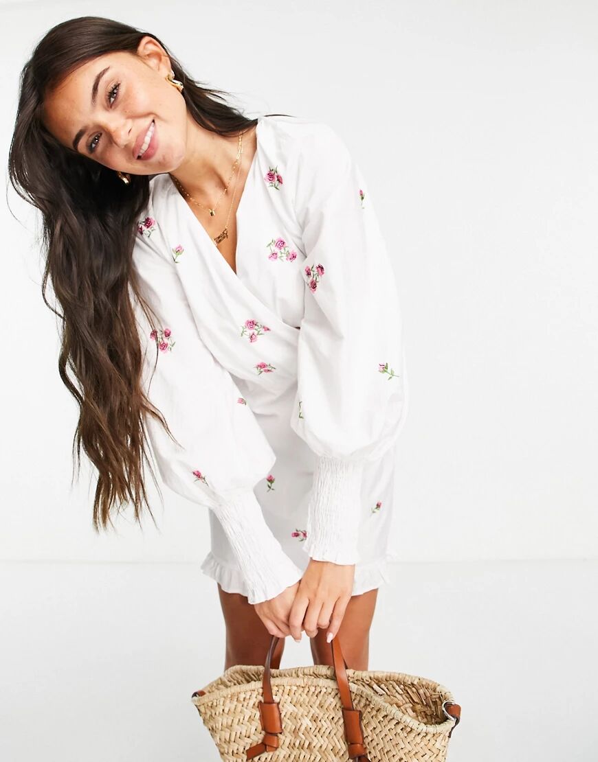 ASOS DESIGN cotton poplin wrap front mini dress with all over embroidery in white  White