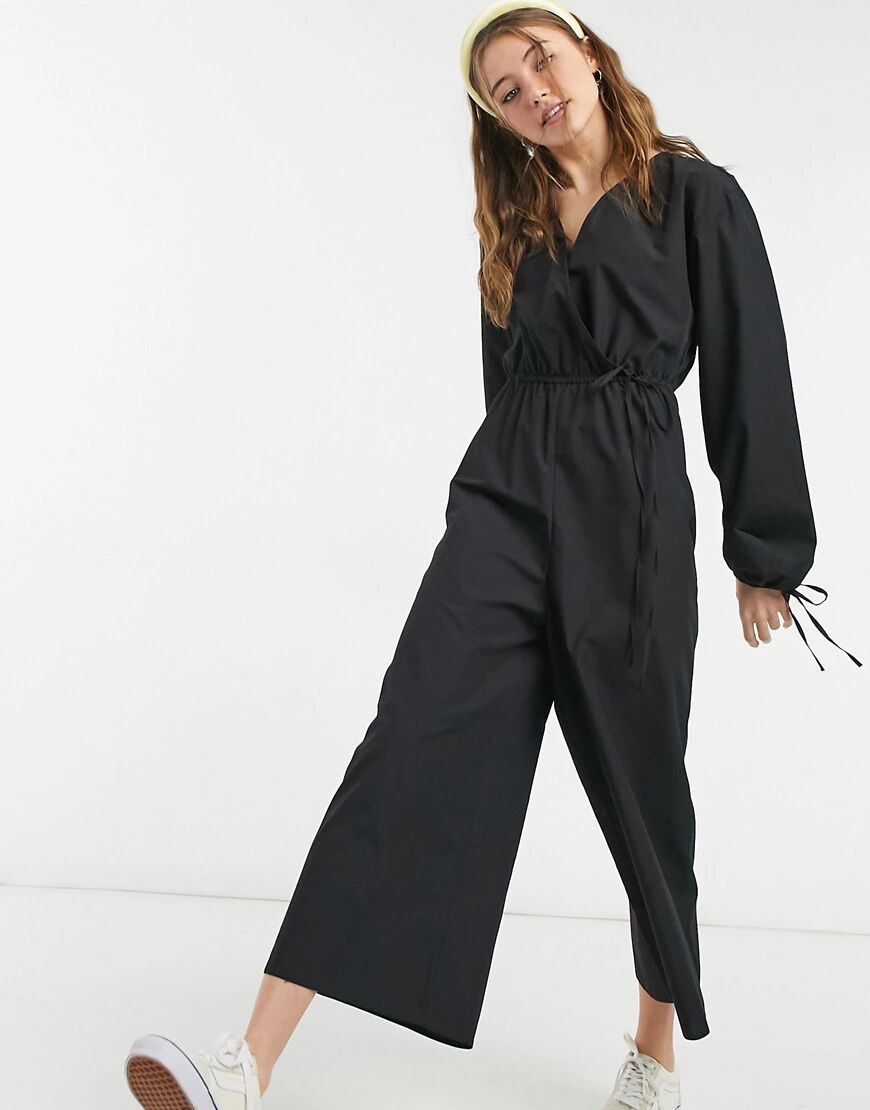 ASOS DESIGN cotton poplin wrap tie sleeve jumpsuit in black  Black