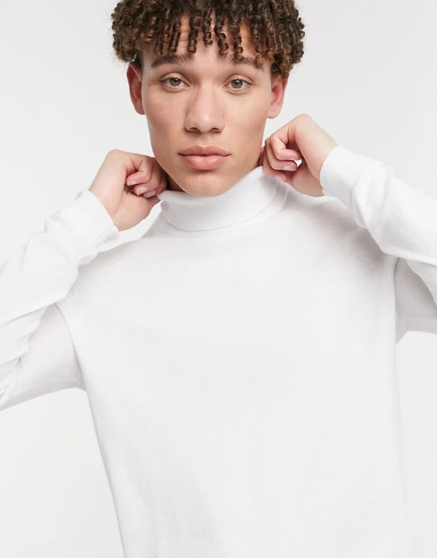 ASOS DESIGN cotton roll neck jumper in white  White