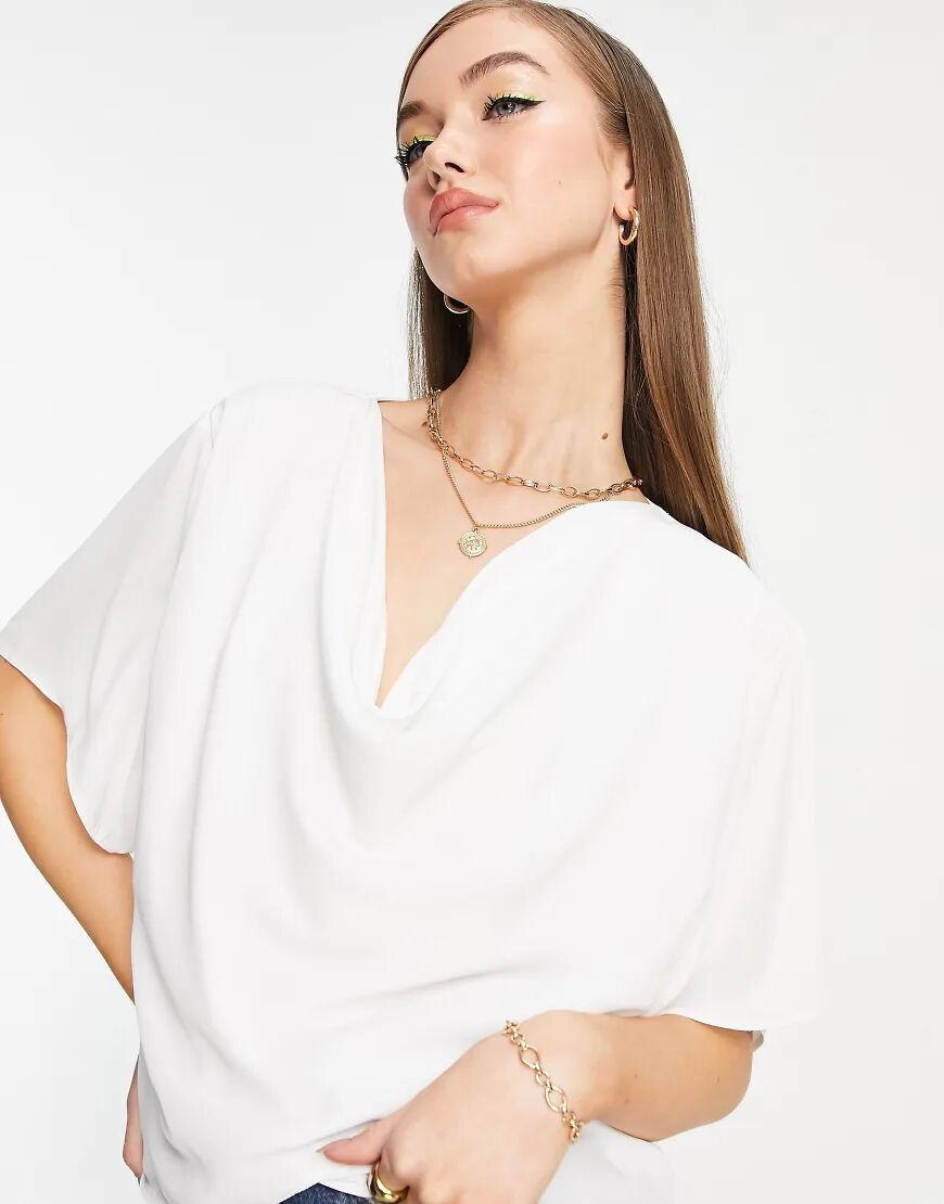 ASOS DESIGN cowl neck top with wrap hem detail in ivory-White  White