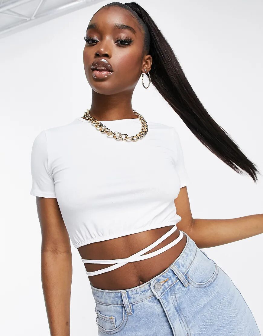 ASOS DESIGN crop top with multi tie wrap in white  White