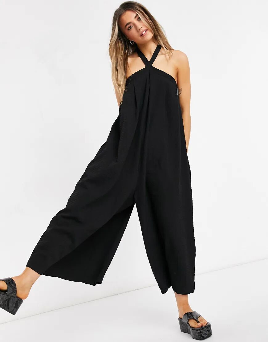 ASOS DESIGN cross neck textured swing smock jumpsuit in black  Black