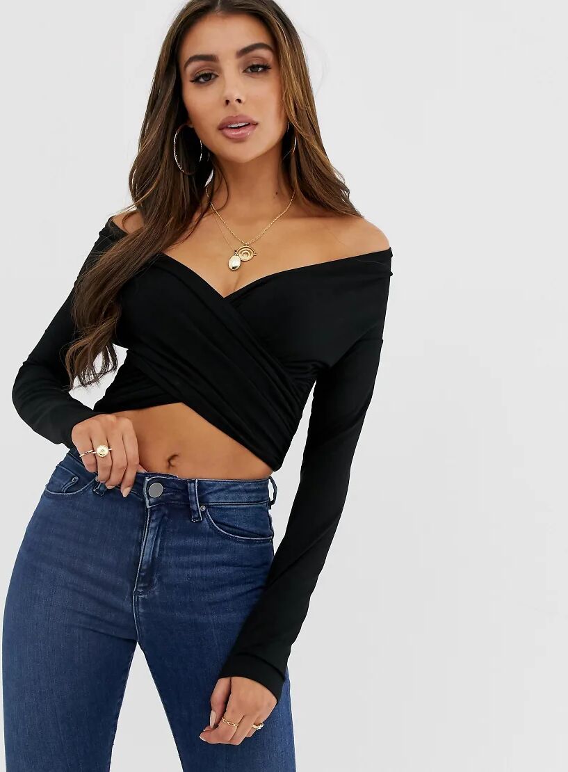 ASOS DESIGN cross over bardot top with long sleeve-Black  Black