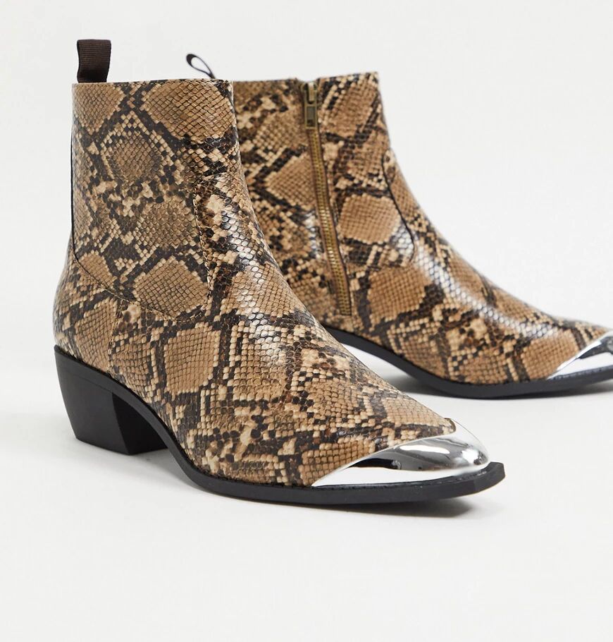 ASOS DESIGN cuban heel western chelsea boots in brown faux leather with snake print angular sole and metal toe cap  Brown