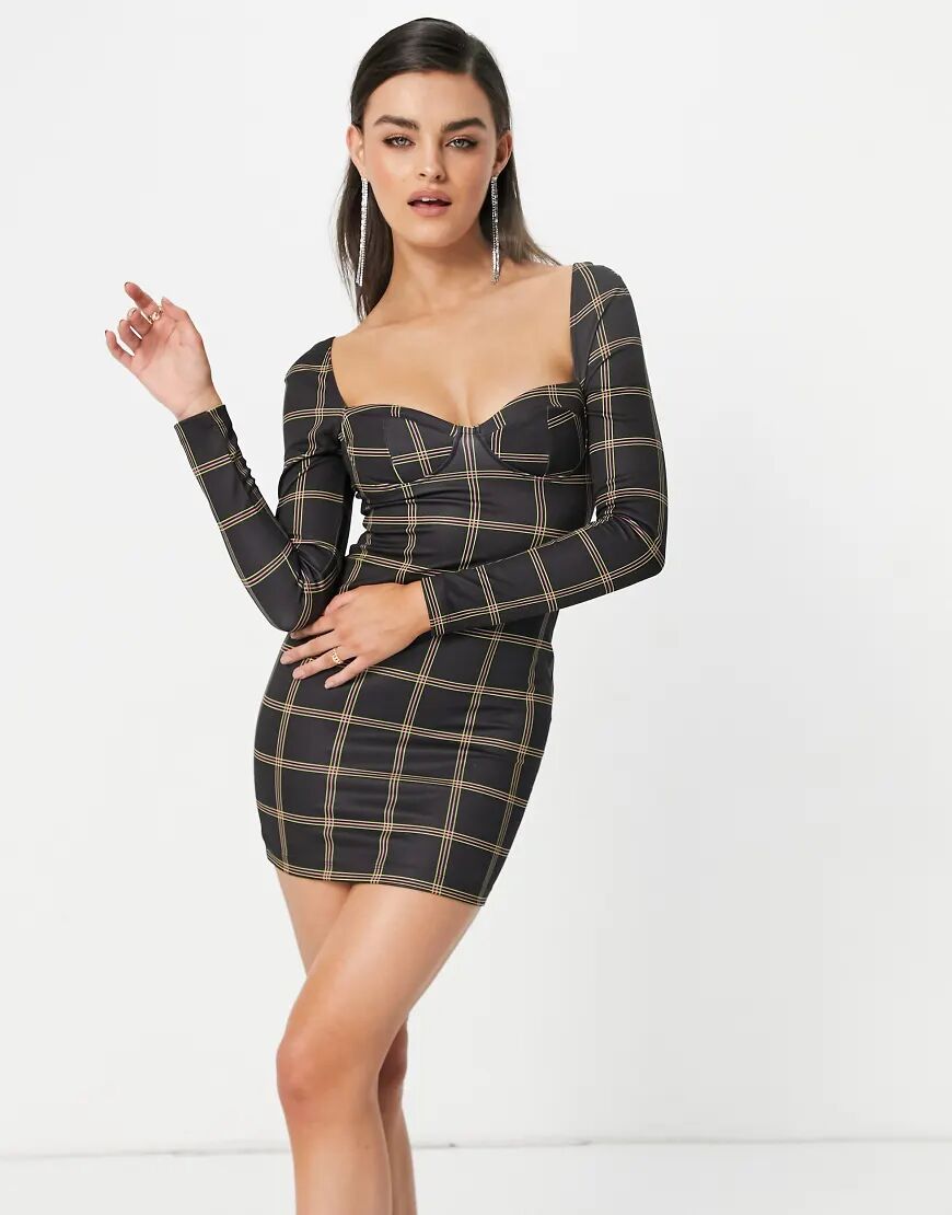 ASOS DESIGN cupped long sleeve mini dress in check print-Multi  Multi