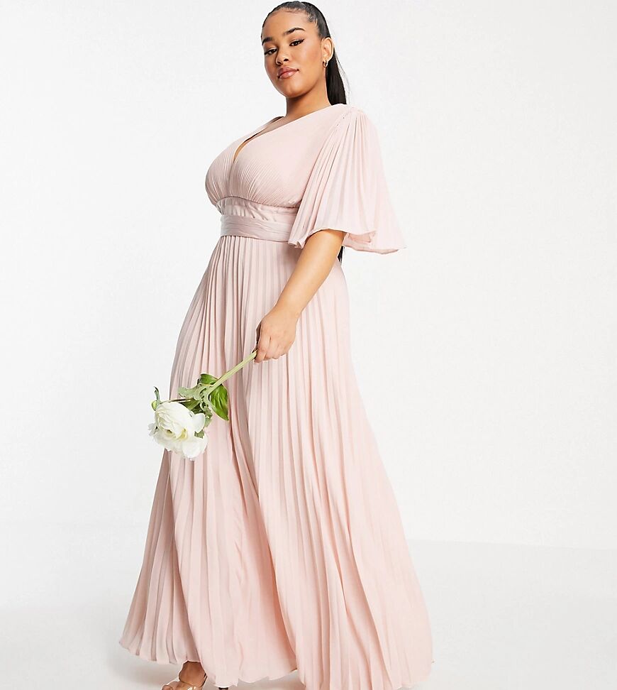 ASOS Curve ASOS DESIGN Curve Bridesmaid pleated flutter sleeve maxi dress with satin wrap waist-Pink  Pink