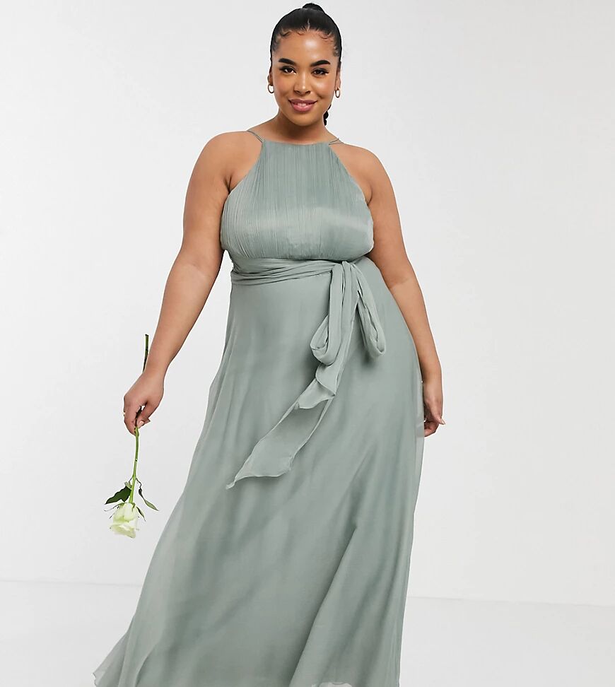 ASOS Curve ASOS DESIGN Curve Bridesmaid ruched pinny maxi dress with tie waist detail in Olive-Green  Green