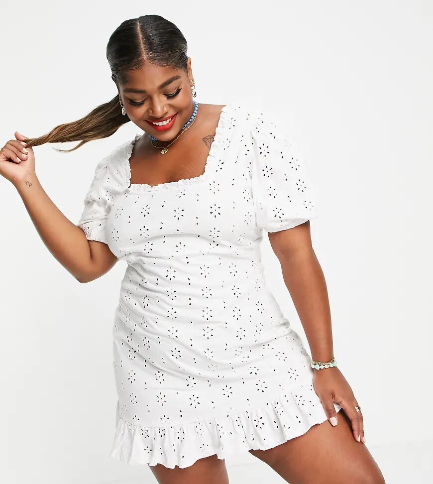 ASOS DESIGN Curve broderie mini dress with square neck and puff sleeves in white  White