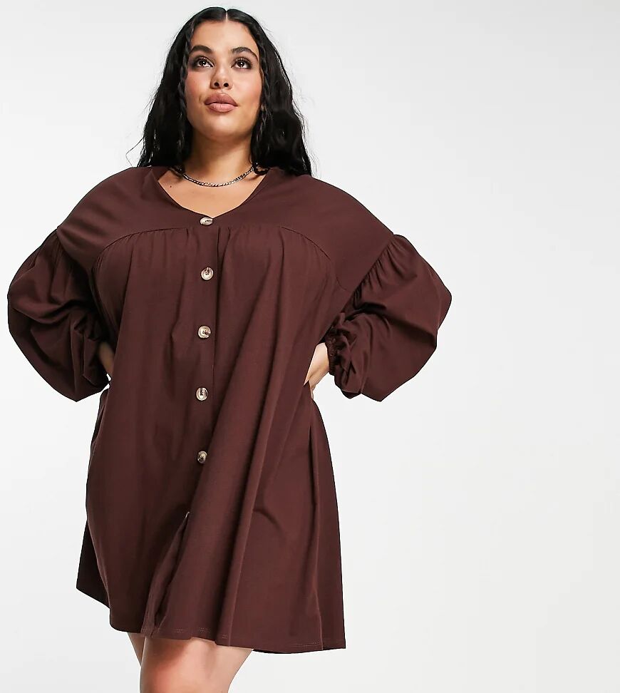 ASOS Curve ASOS DESIGN Curve button through mini smock dress with long sleeves in chocolate brown  Brown