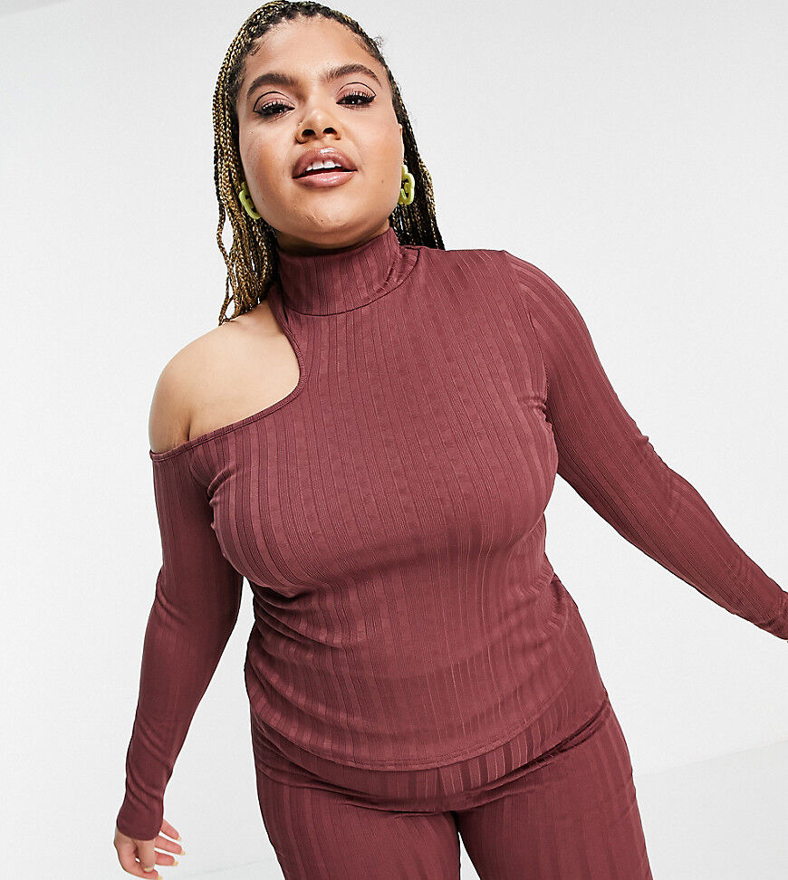 ASOS Curve ASOS DESIGN Curve co-ord ribbed long sleeve top with asymmetric cut out shoulder-Orange  Orange