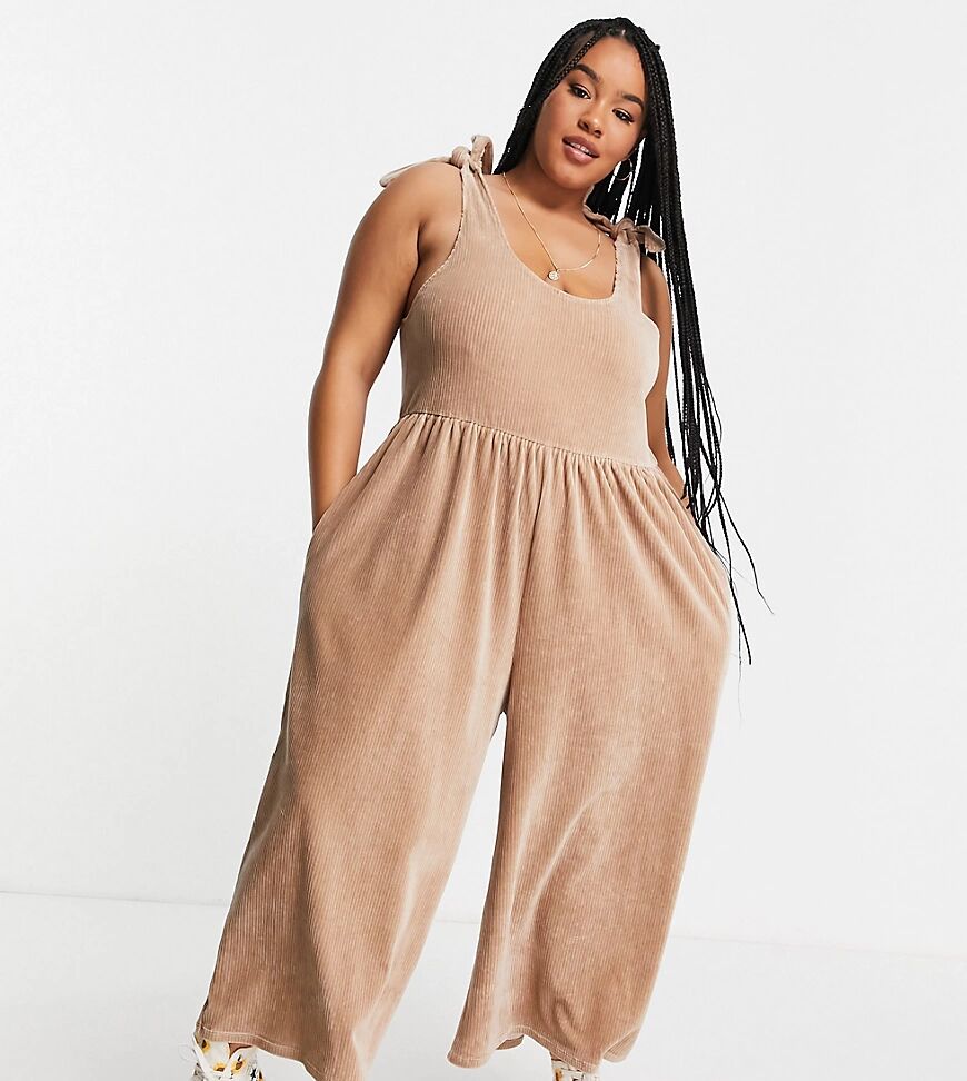 ASOS DESIGN curve cord tie shoulder smock jumpsuit in stone-Neutral  Neutral