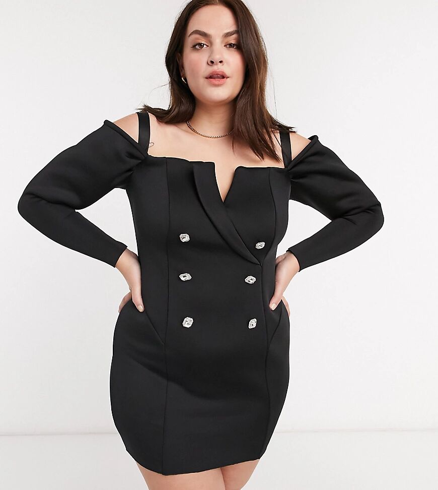 ASOS Curve ASOS DESIGN Curve embellished buttons off shoulder tux mini dress in black  Black