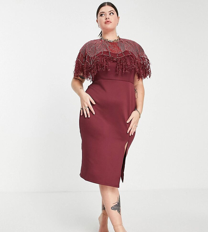 ASOS Curve ASOS DESIGN Curve embellished scuba pearl feather midi dress in oxblood-Multi  Multi