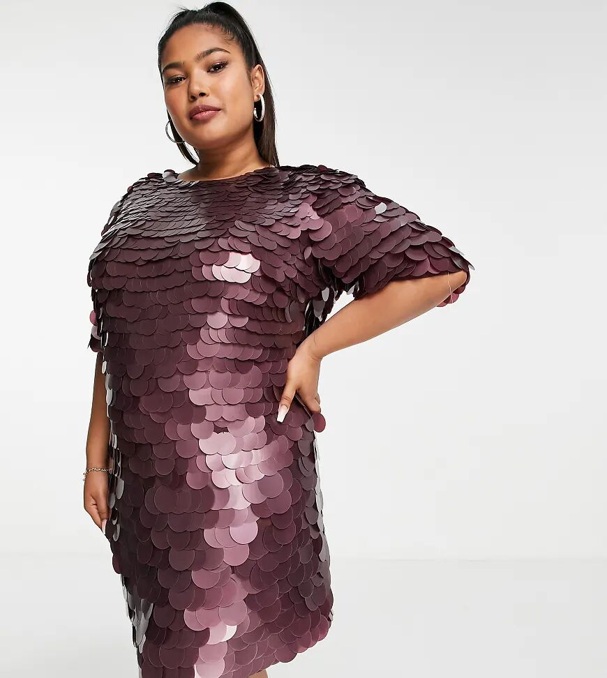 ASOS DESIGN Curve exclusive sequin shift mini dress in burgundy-Brown  Brown