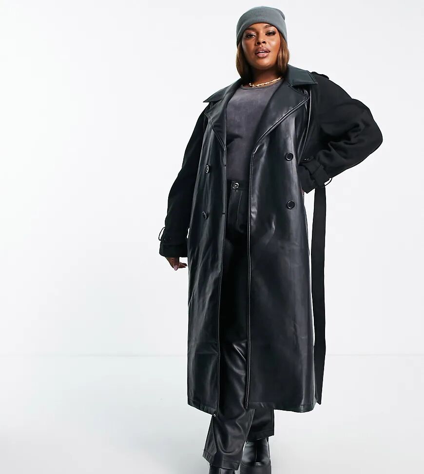 ASOS Curve ASOS DESIGN Curve faux leather spliced coat in black-Brown  Brown