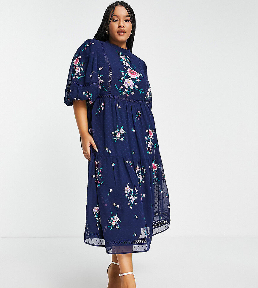 ASOS Curve ASOS DESIGN Curve high neck dobby embroidered midi dress with lace trims in navy  Navy