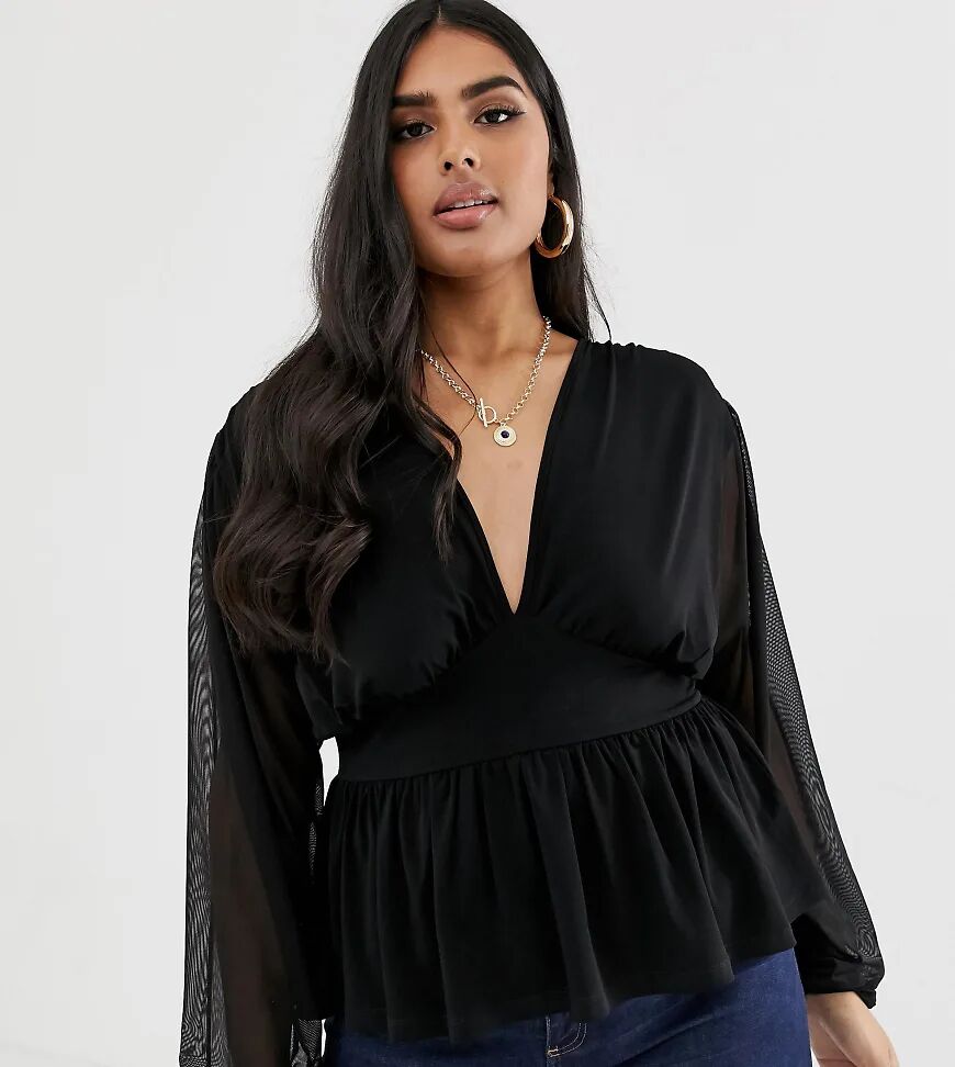 ASOS Curve ASOS DESIGN Curve long sleeve top with balloon mesh sleeve-Black  Black