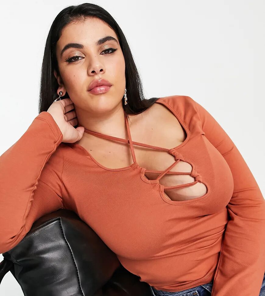 ASOS Curve ASOS DESIGN Curve long sleeve top with lace tie-front in deep rust-Brown  Brown