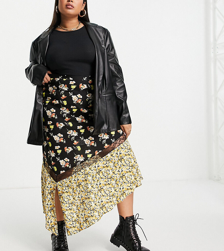 ASOS DESIGN Curve midi skirt with lace insert in spliced floral print-Multi  Multi