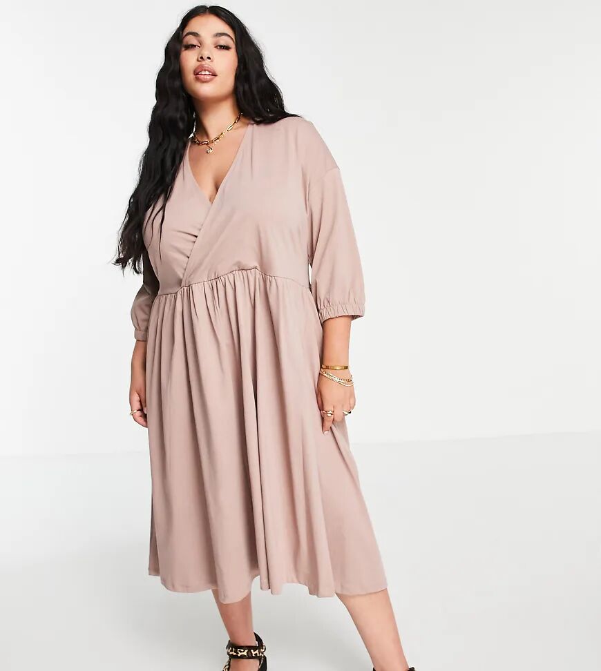 ASOS Curve ASOS DESIGN Curve midi smock dress with wrap top in mocha-Neutral  Neutral