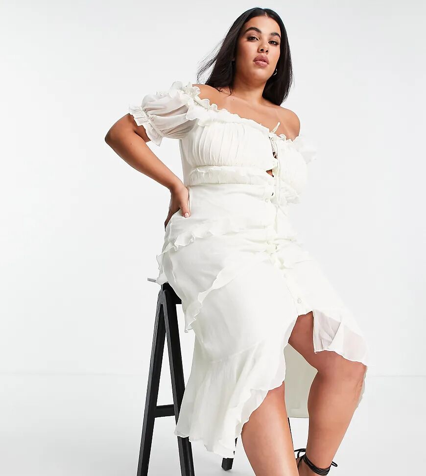 ASOS Curve ASOS DESIGN Curve off shoulder midi dress with button front and ruffle detail in cream-White  White