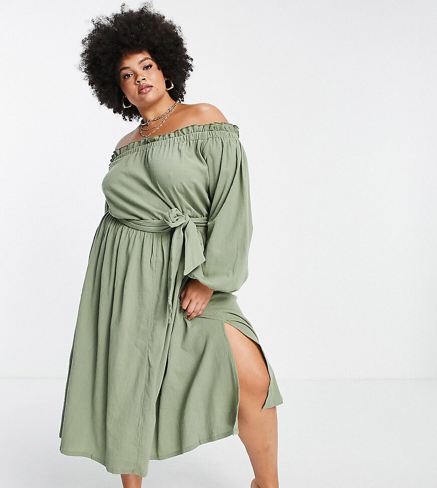 ASOS Curve ASOS DESIGN curve off shoulder super crinkle beach dress in khaki-Green  Green