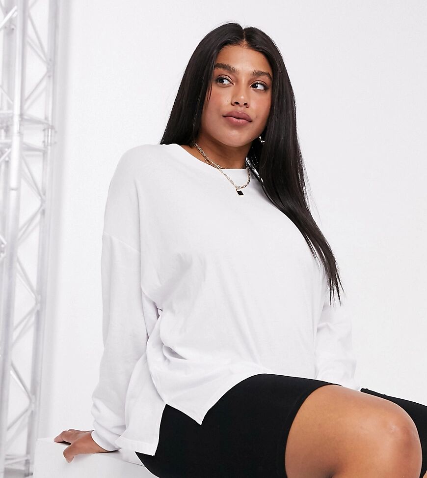 ASOS Curve ASOS DESIGN Curve oversized long sleeve t-shirt with cuff detail in white  White