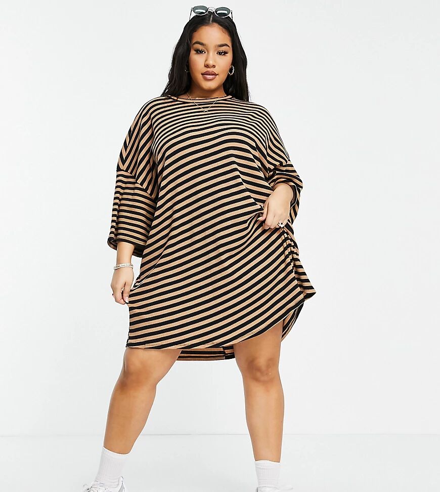 ASOS Curve ASOS DESIGN Curve oversized mini ribbed t-shirt dress in camel and black stripe-Neutral  Neutral