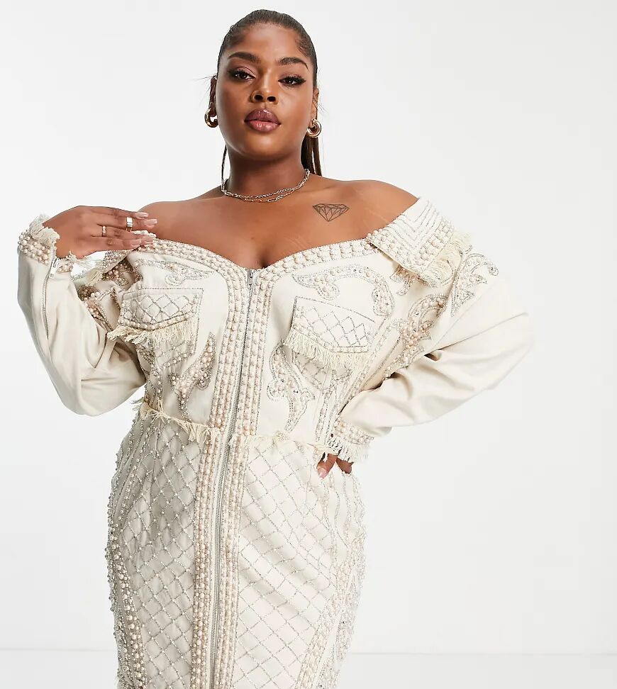 ASOS Curve ASOS DESIGN Curve pearl embellished oversized denim off shoulder tux dress-White  White