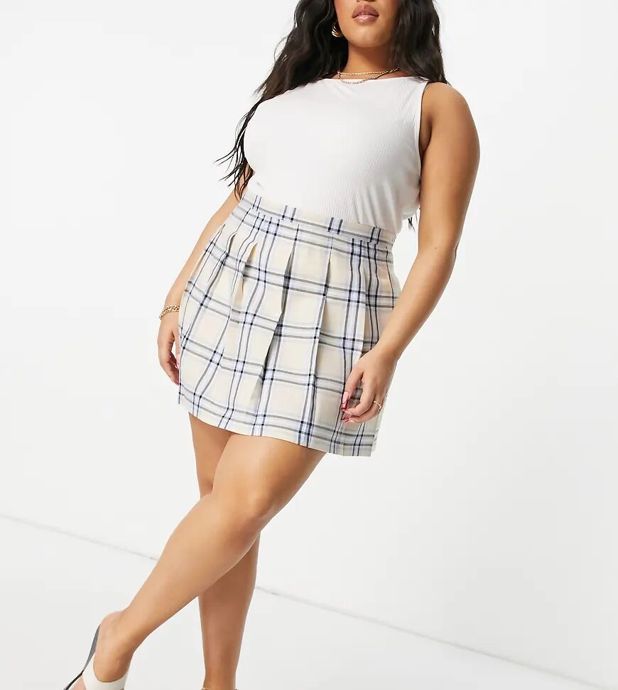 ASOS Curve ASOS DESIGN Curve pleated tennis mini skirt in cream & blue check print-Multi  Multi